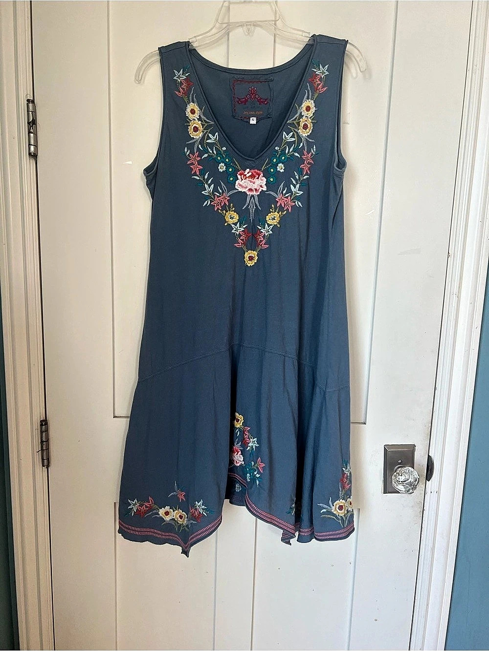 Johnny Was Joy Love Light Dress L Blue Embroidered Floral Boho Tunic Sleeveless